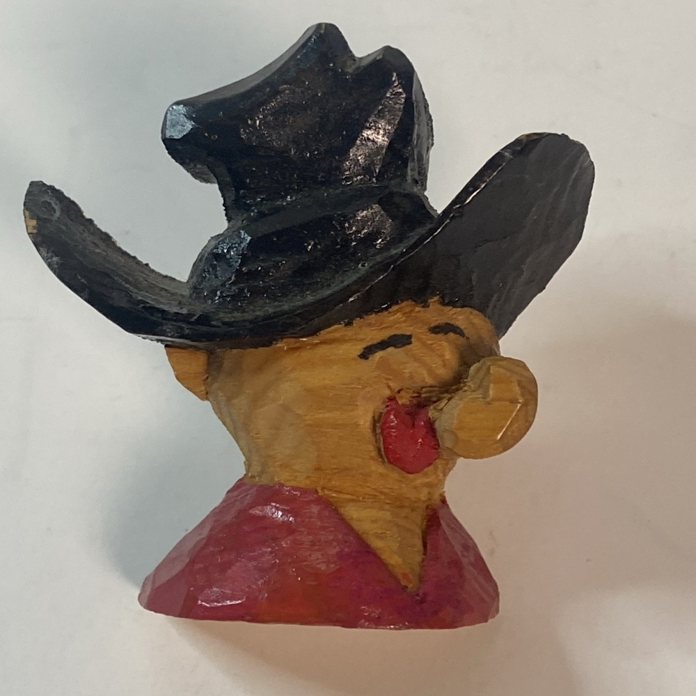 Vtg Boy Scout Neckerchief Slide Handcarved Wooden Cowboy Character Cartoon Style
